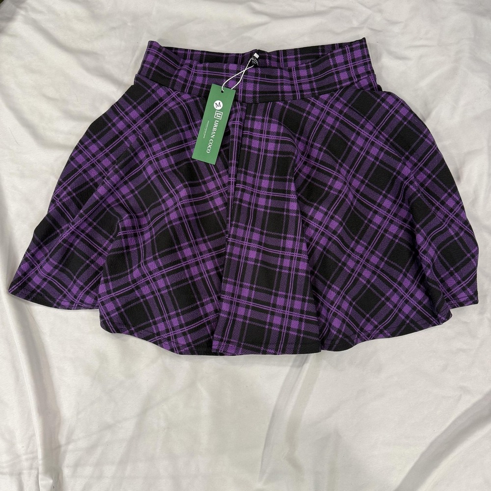 URBAN COCO Skirt Womens Medium Purple Plaid Pleated Skater Mini High Waist